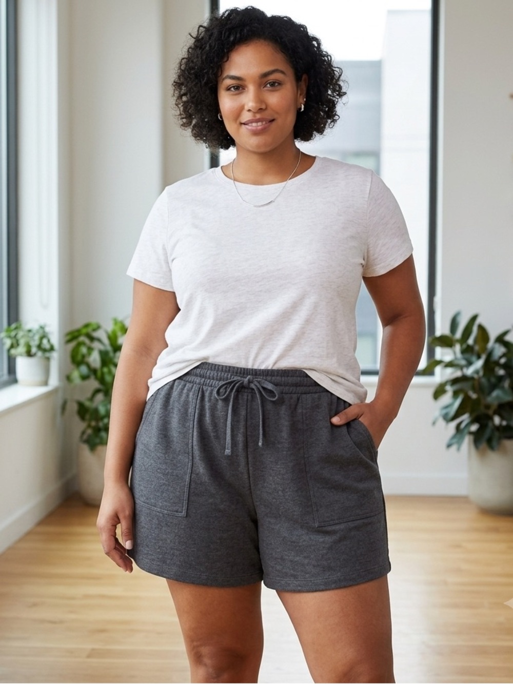 Zenana Gray Knit Shorts, Plus Size 1X, Pockets and Drawstring Waist, loungewear